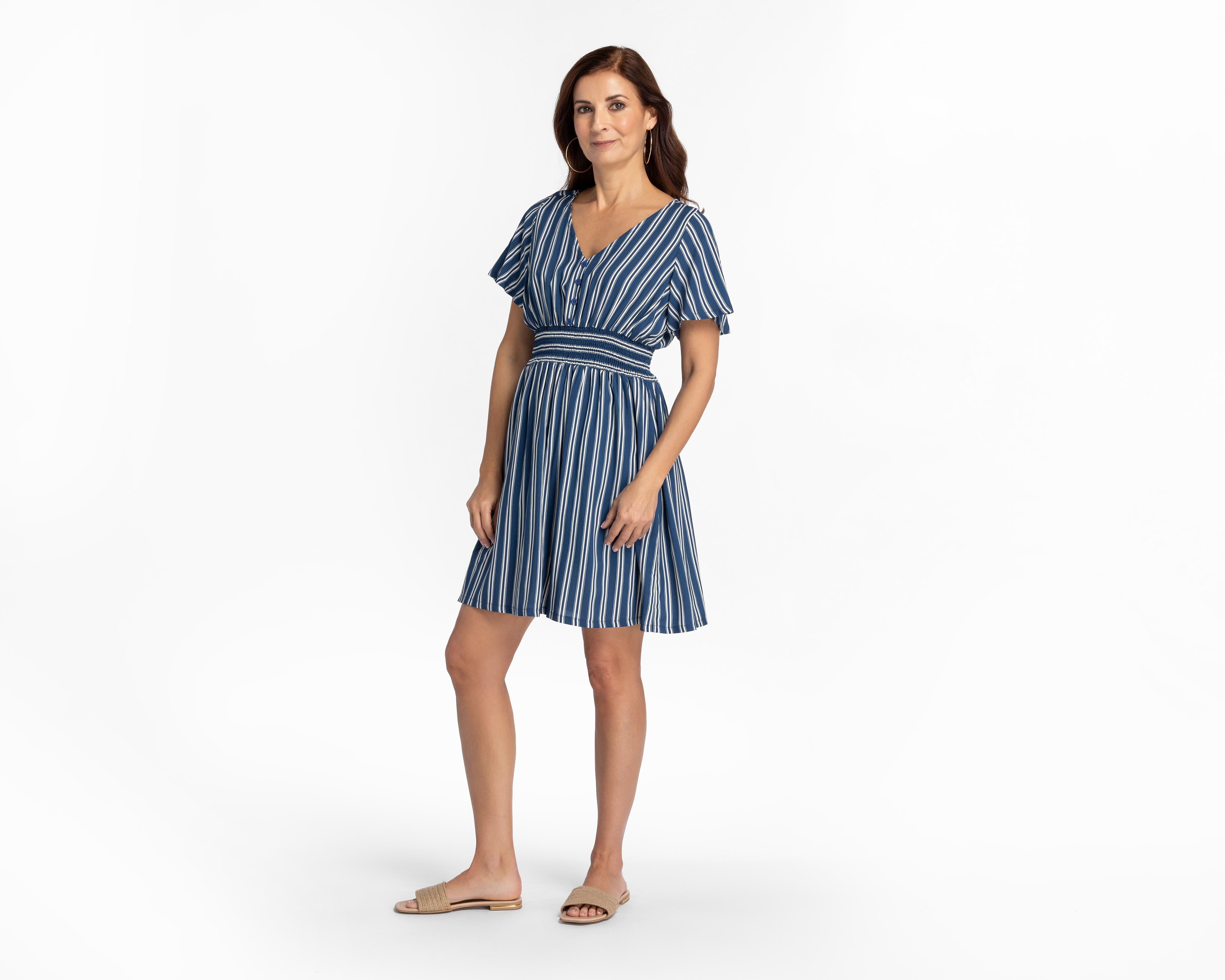 Vestido Lady Sun Casual Cuello V Manga Corta a Rayas