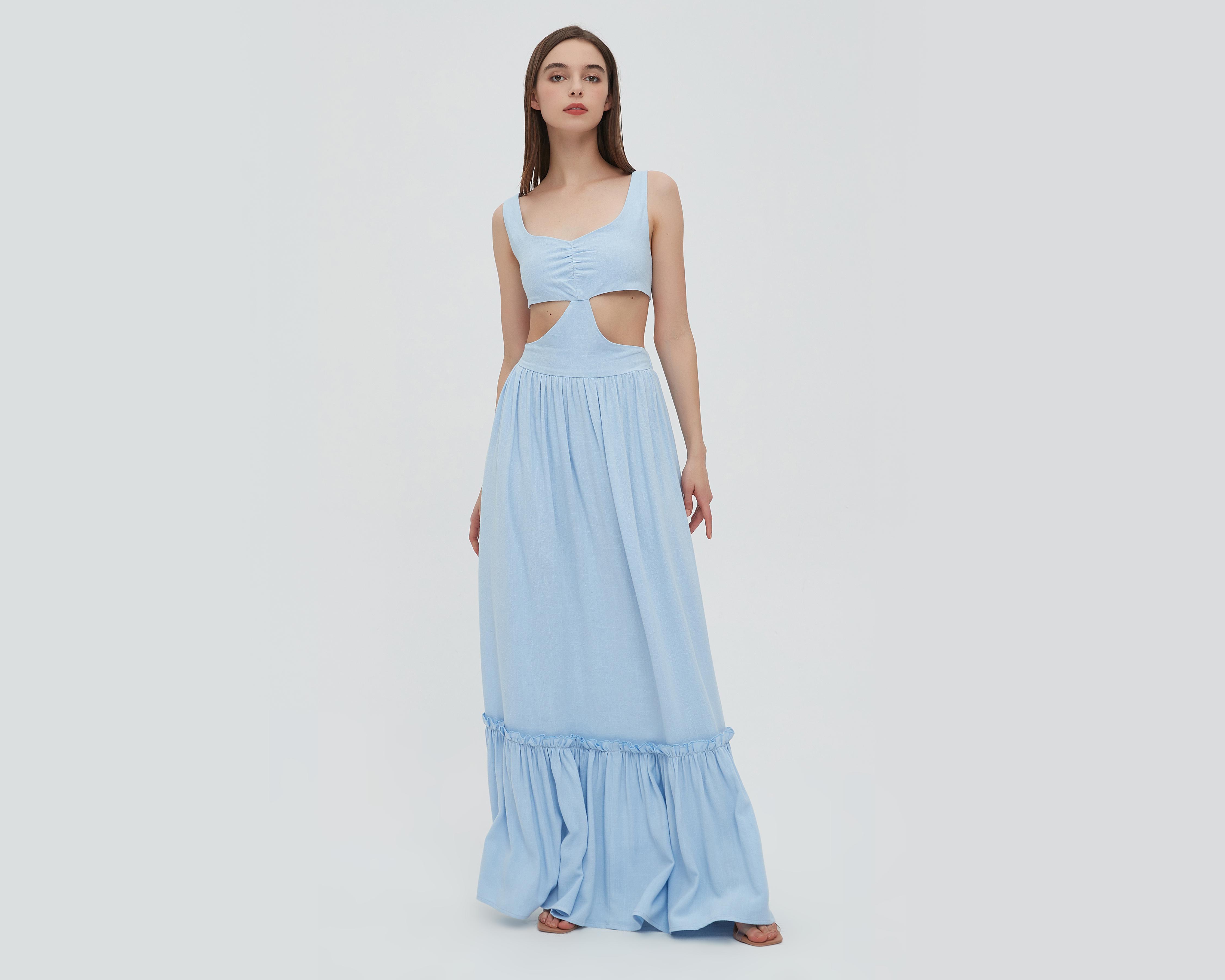 Vestido Sahara Casual Azul Largo con Aberturas