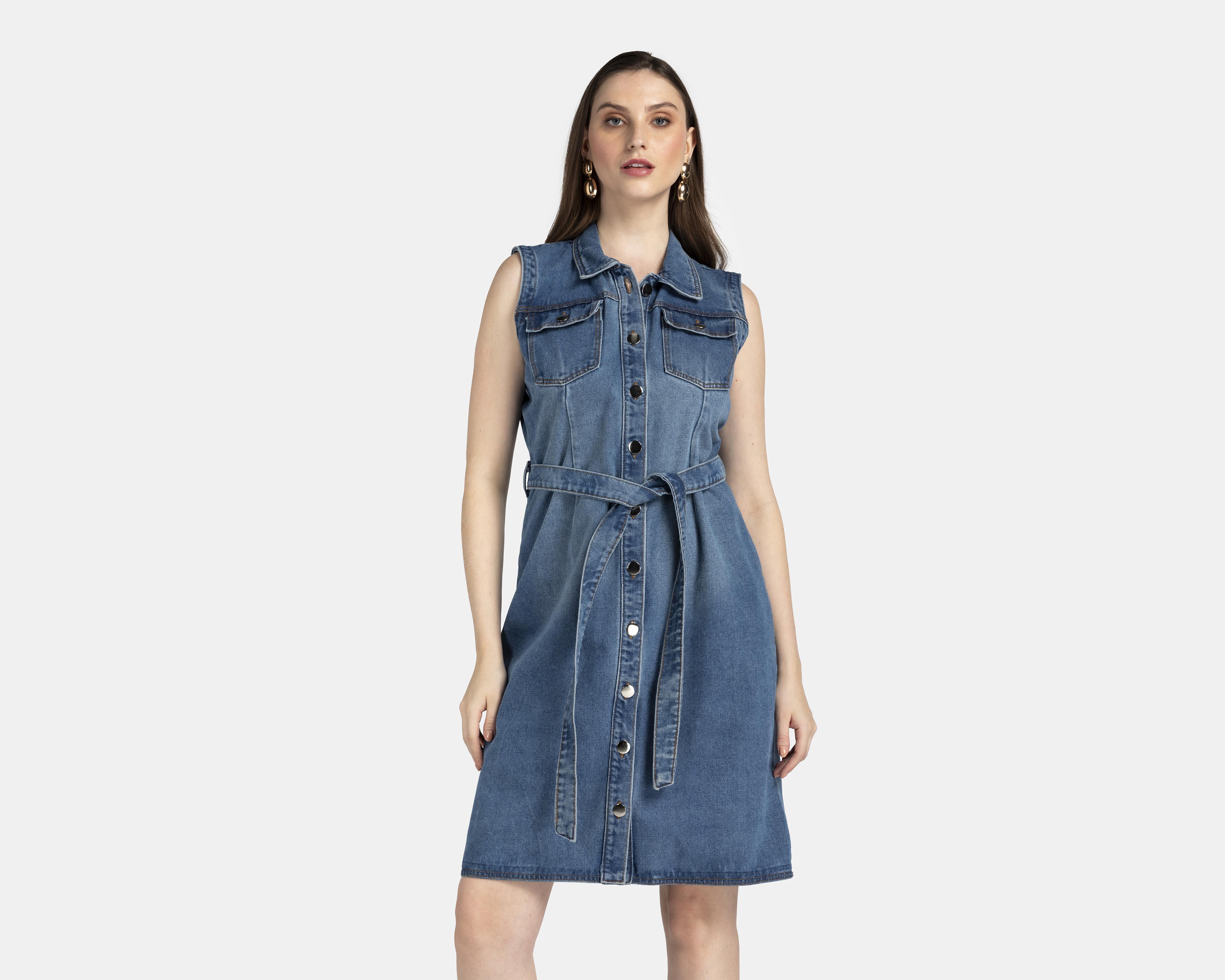 Vestido Sahara Casual sin Mangas de Mezclilla con Cinto